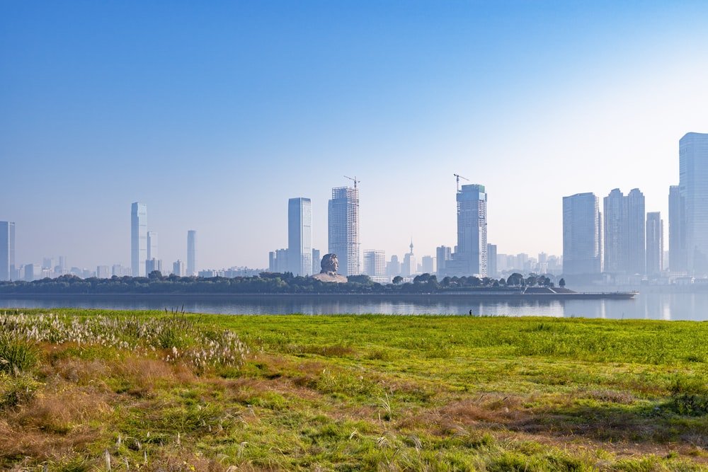 Paint By Numbers | Changsha - Green Grass Field Near City Buildings During Daytime - Custom Paint By Numbers