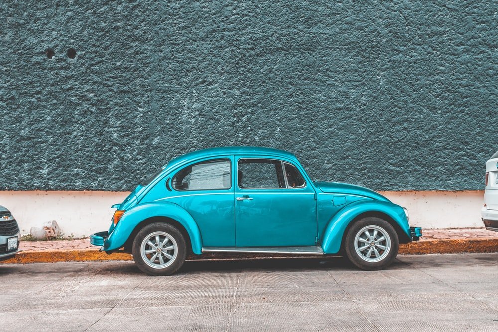 Paint By Numbers | Beetle - Teal Volkswagen Beetle Car Parked Beside Sidewalk - Custom Paint By Numbers