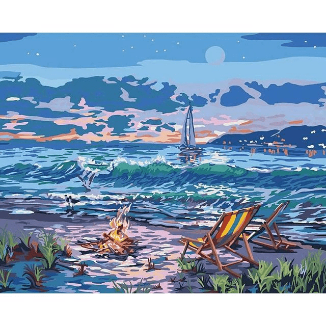 Paint By Numbers | Bonfire by The Beach at Night - Custom Paint By Numbers