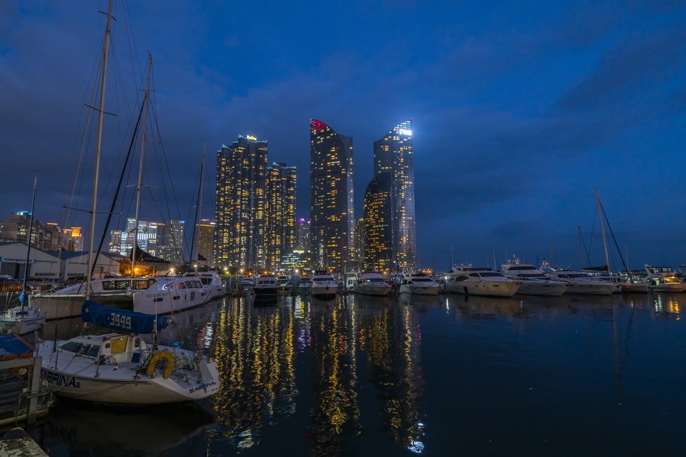 Paint By Numbers | Busan - White Boat On Body Of Water Near City Buildings During Night Time - Custom Paint By Numbers