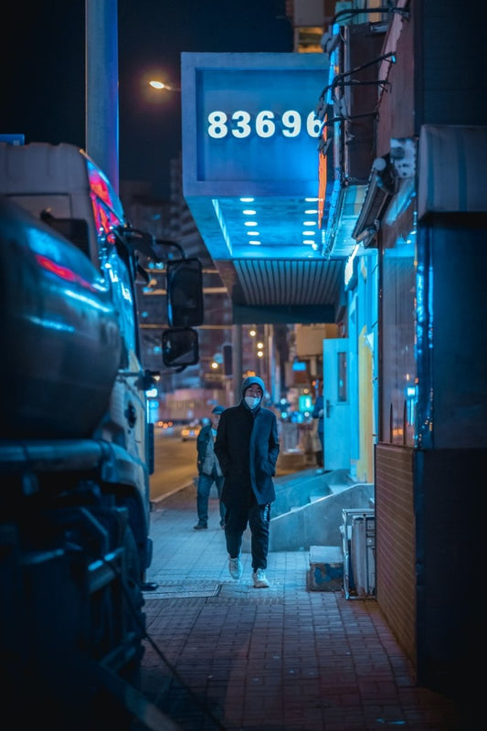 Paint By Numbers | Dalian - Man In Black Jacket Walking On Sidewalk During Night Time - Custom Paint By Numbers