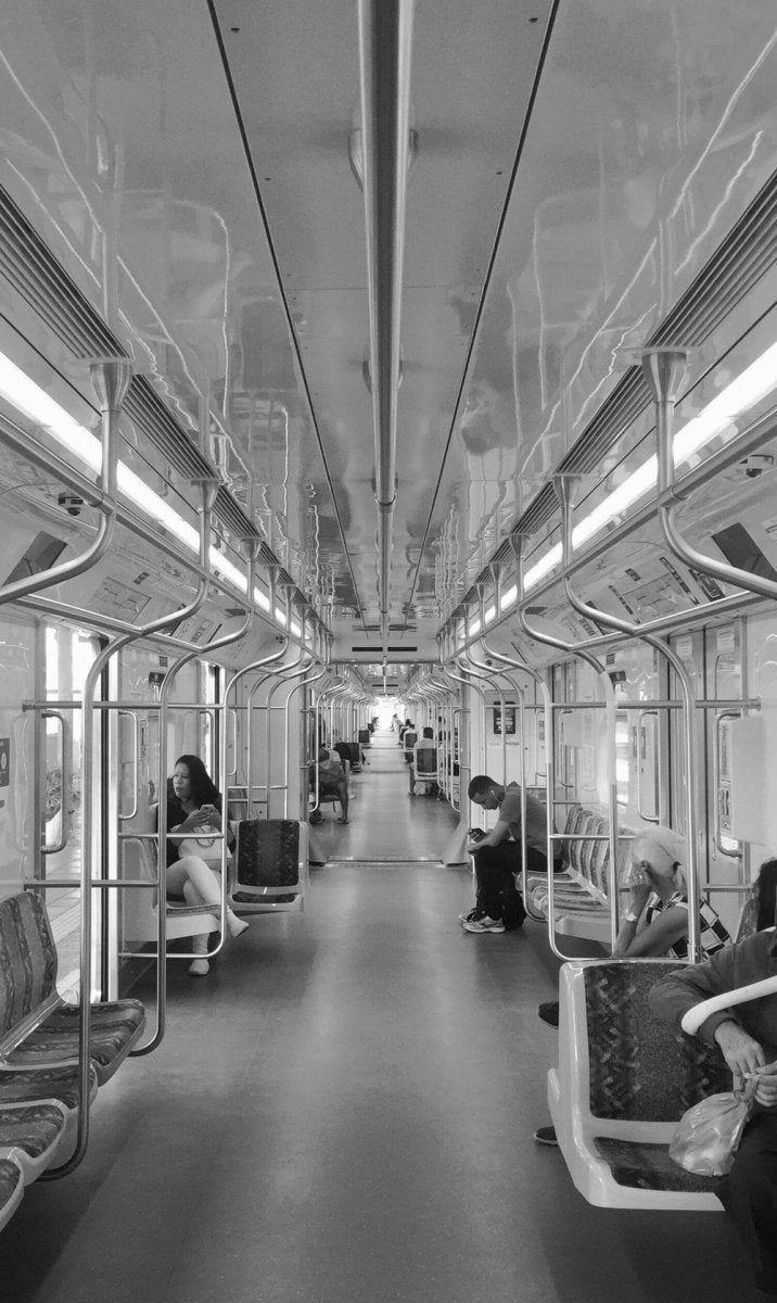 Paint By Numbers | Grayscale Photography Of Few People Inside Train - Custom Paint By Numbers