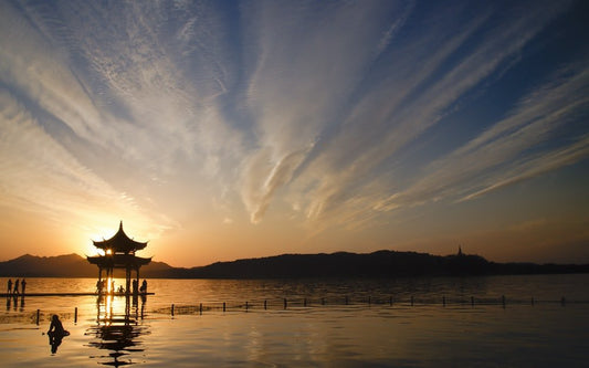 Paint By Numbers | Hangzhou - Silhouette Of House On Water During Sunset - Custom Paint By Numbers