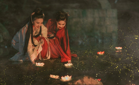 Paint By Numbers | Hangzhou - Two Women Wearing White And Red Traditional Dress Holding Flowers - Custom Paint By Numbers