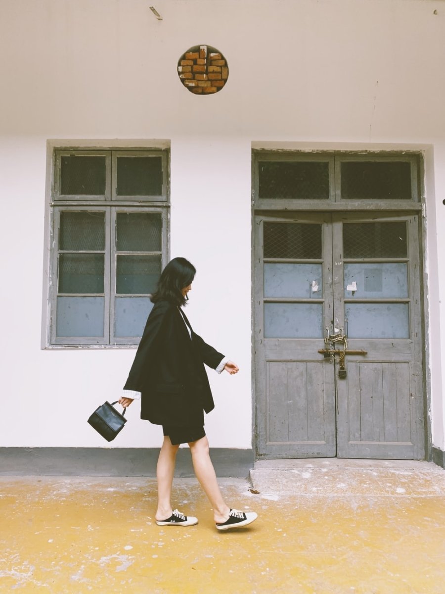 Paint By Numbers | Hangzhou - Woman In Black Blazer Walking And Carrying Black Handbag - Custom Paint By Numbers