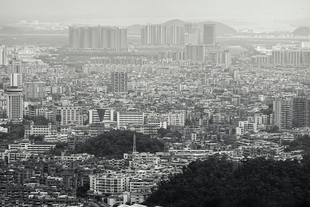 Paint By Numbers | Jiangmen - Aerial View Of City Grayscale Photo - Custom Paint By Numbers