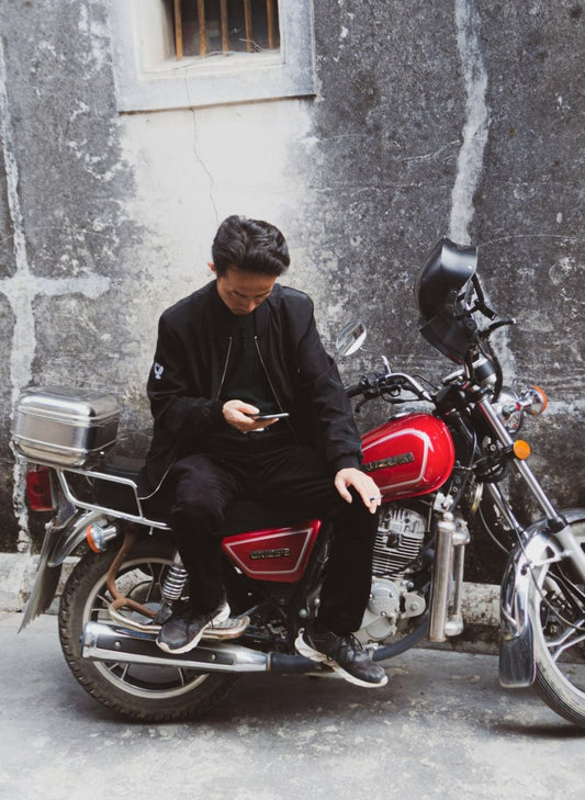Paint By Numbers | Jieyang - Man In Black Jacket Riding Red Motorcycle - Custom Paint By Numbers