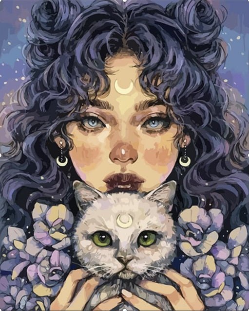 Paint By Numbers | Lady Moon and Cat - Custom Paint By Numbers