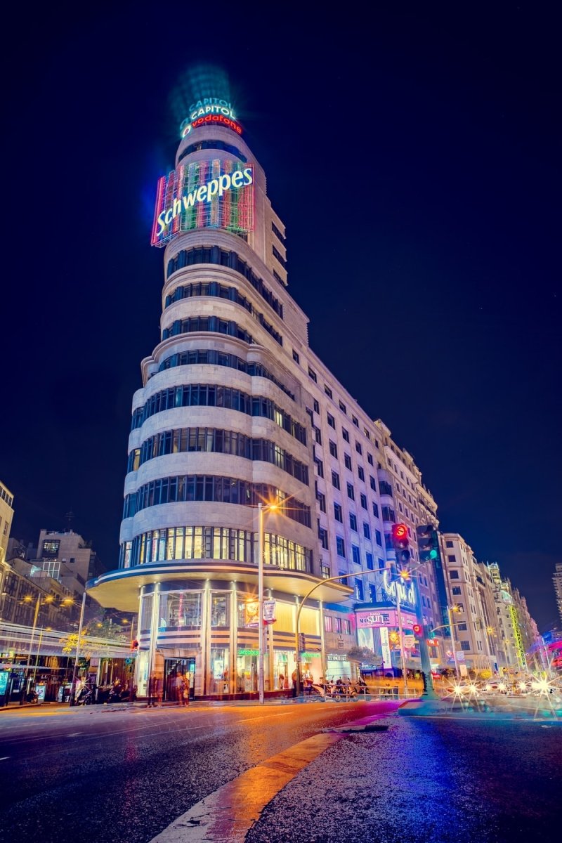 Paint By Numbers | Madrid - Gray Schweppes Building Turn-On Lights During Night Time - Custom Paint By Numbers