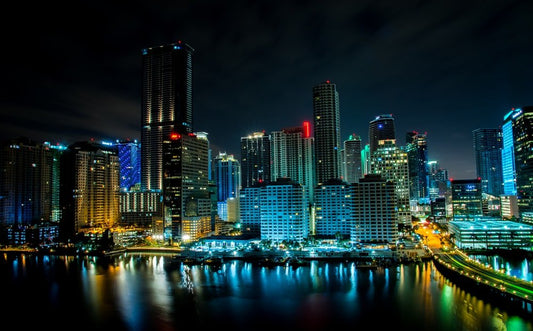 Paint By Numbers | Miami - Lighted Building Near Body Of Water At Nighttime - Custom Paint By Numbers