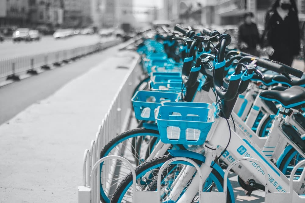 Paint By Numbers | Shenyang - Blue And Black Bicycles Parked On Sidewalk During Daytime - Custom Paint By Numbers