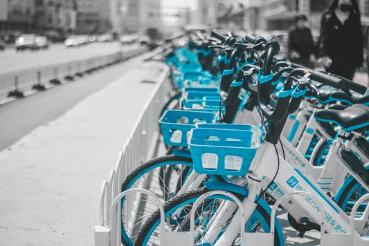 Paint By Numbers | Shenyang - Blue And Black Bicycles Parked On Sidewalk During Daytime - Custom Paint By Numbers