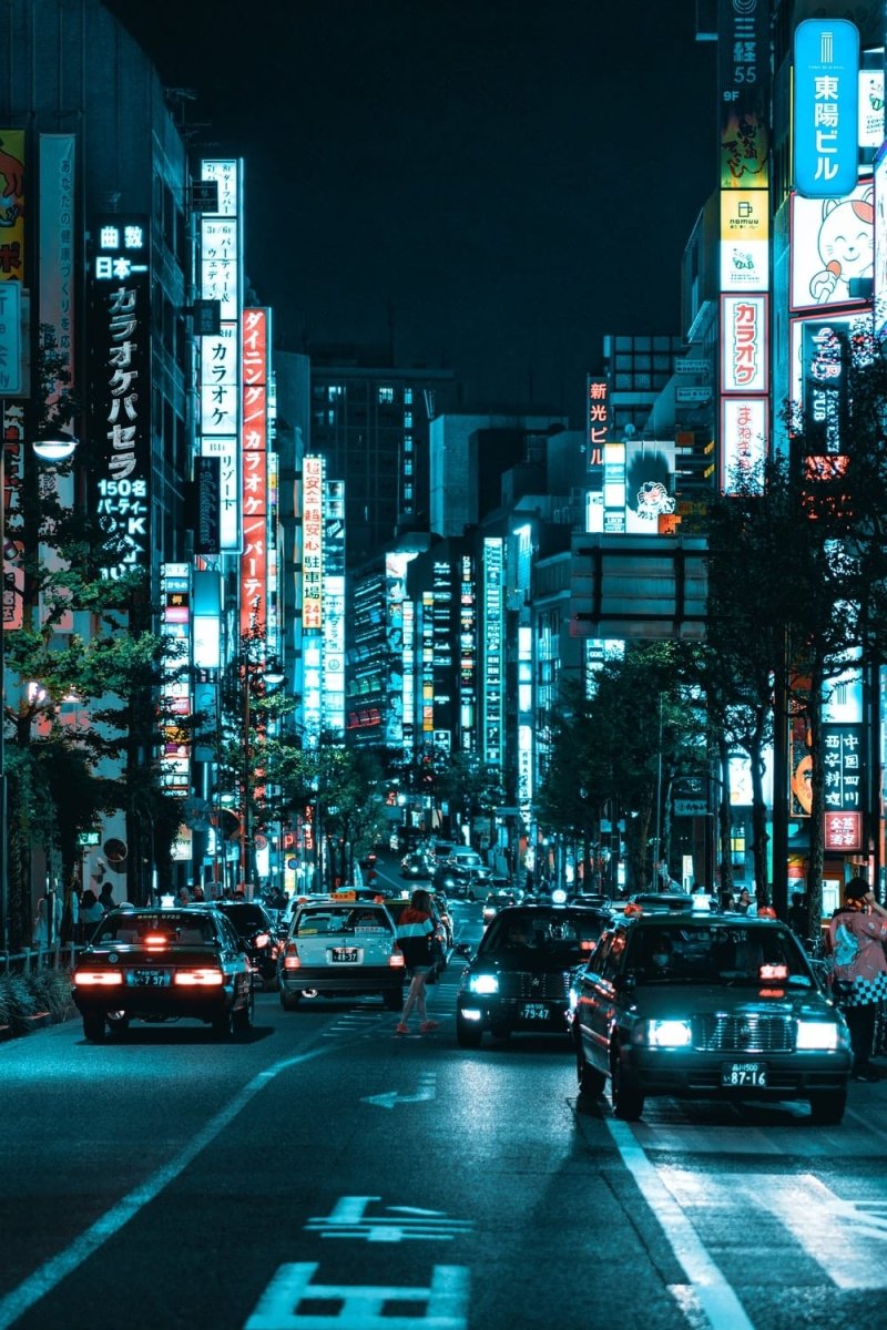 Paint By Numbers | Tokyo - Vehicles On Roadway Between Lighted Buildings At Night - Custom Paint By Numbers