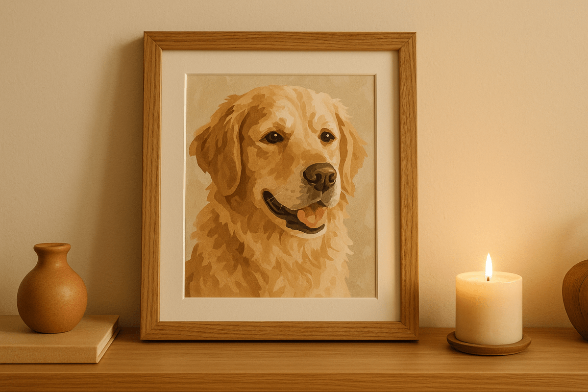 A beautifully framed paint by numbers pet portrait displayed as a memorial tribute with soft warm lighting